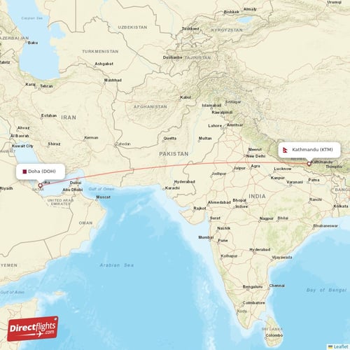 Doha - Kathmandu direct flight map