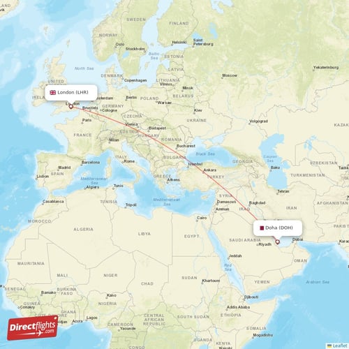 Doha - London direct flight map