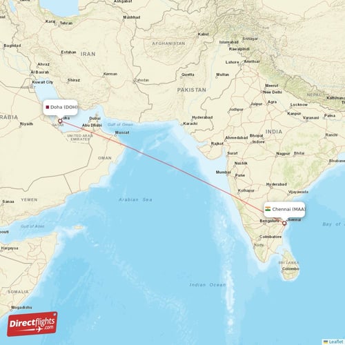 Doha - Chennai direct flight map