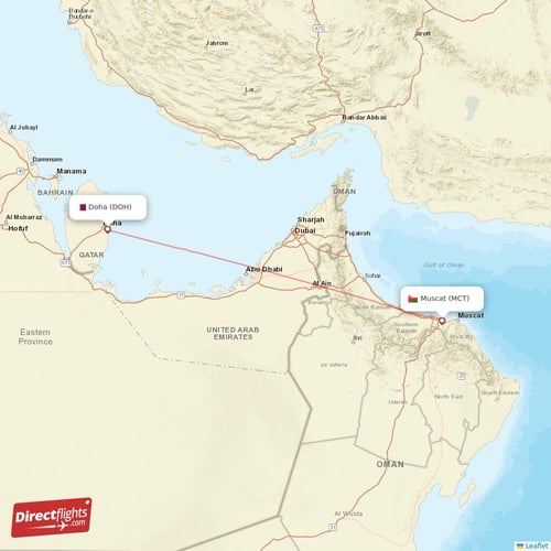 Doha - Muscat direct flight map