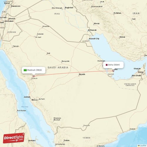 Doha - Madinah direct flight map