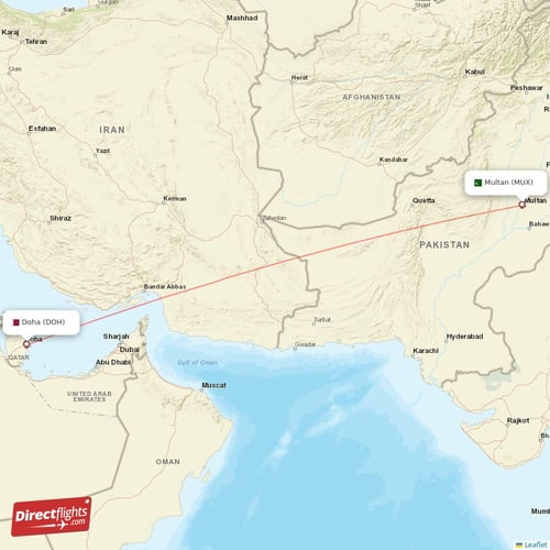 Doha - Multan direct flight map