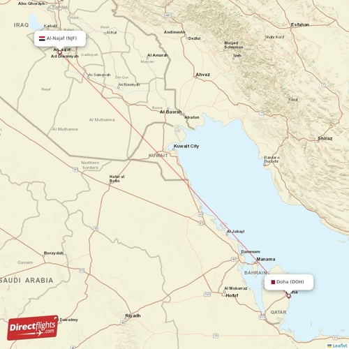 Doha - Al-Najaf direct flight map