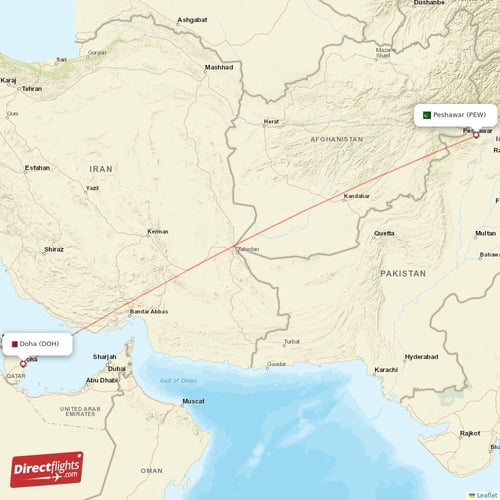 Doha - Peshawar direct flight map