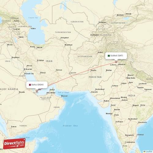 Doha - Sialkot direct flight map
