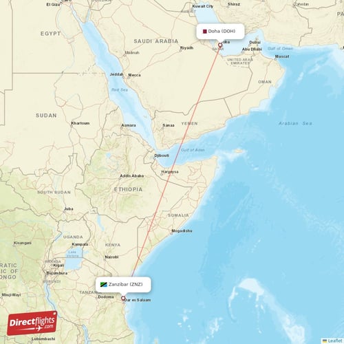 Doha - Zanzibar direct flight map