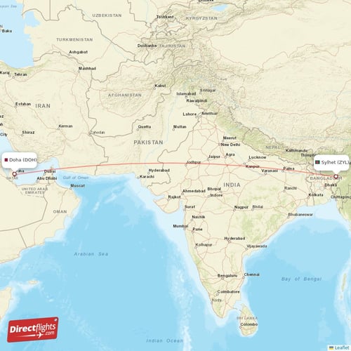 Doha - Sylhet direct flight map