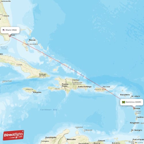 Dominica - Miami direct flight map