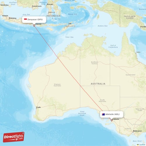 Denpasar - Adelaide direct flight map