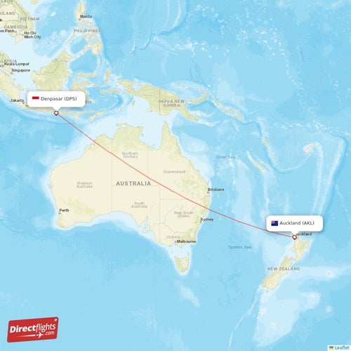 Denpasar - Auckland direct flight map