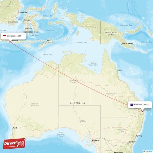 Denpasar - Brisbane direct flight map