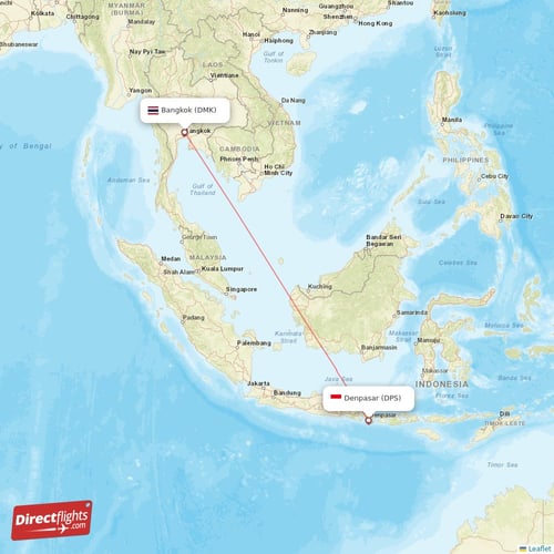 Denpasar - Bangkok direct flight map