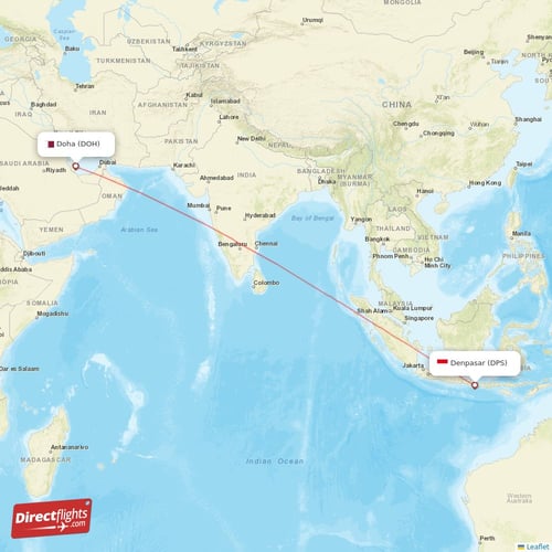 Denpasar - Doha direct flight map