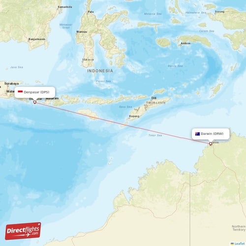 Denpasar - Darwin direct flight map