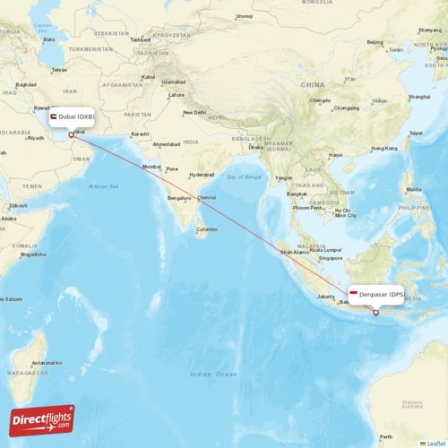 Denpasar - Dubai direct flight map