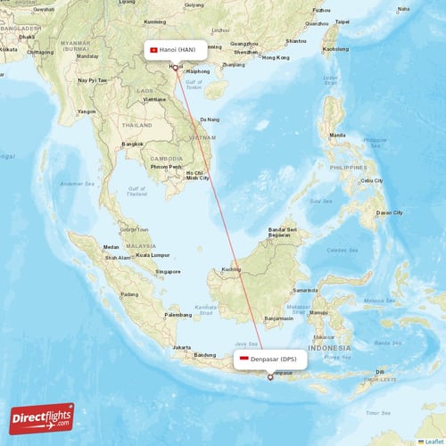 Denpasar - Hanoi direct flight map