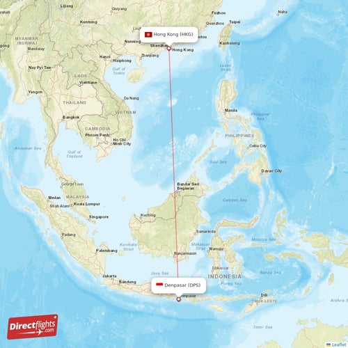 Denpasar - Hong Kong direct flight map