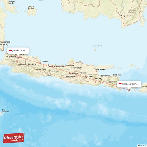 Denpasar - Jakarta direct flight map