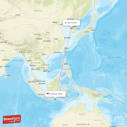 Denpasar - Seoul direct flight map
