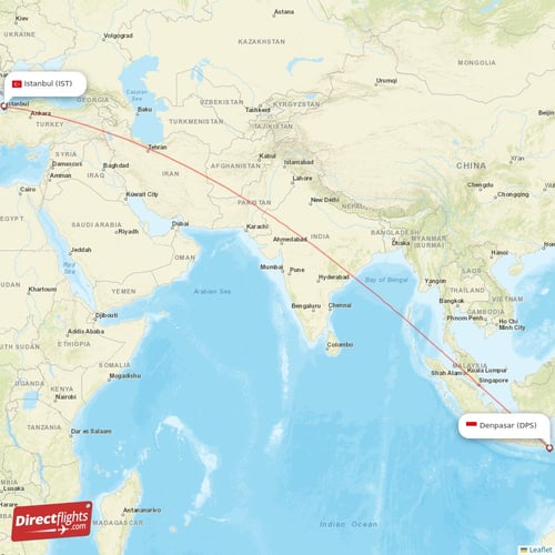 Denpasar - Istanbul direct flight map
