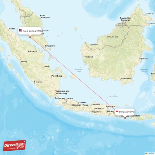 Denpasar - Kuala Lumpur direct flight map