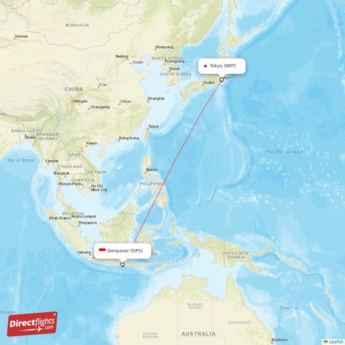 Denpasar - Tokyo direct flight map