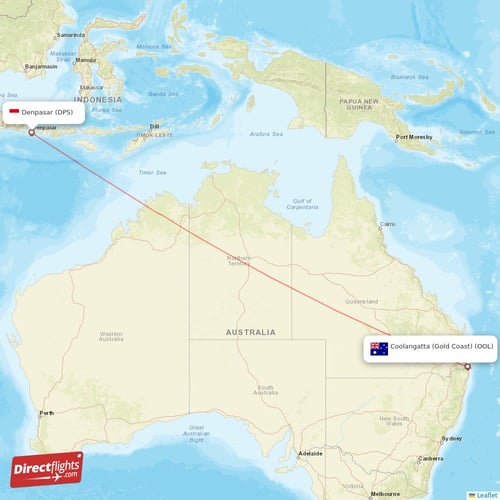 Denpasar - Coolangatta (Gold Coast) direct flight map