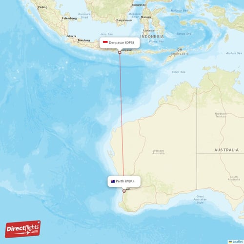Denpasar - Perth direct flight map