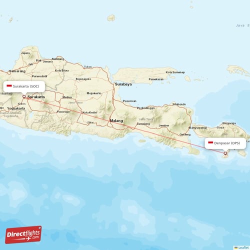 Denpasar - Surakarta direct flight map
