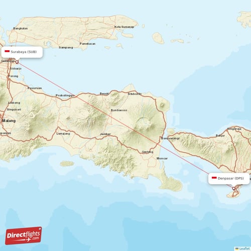 Denpasar - Surabaya direct flight map