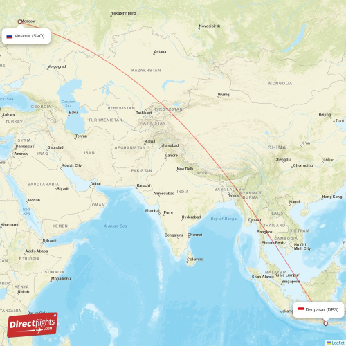 Denpasar - Moscow direct flight map