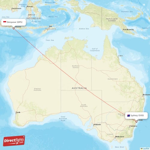 Denpasar - Sydney direct flight map