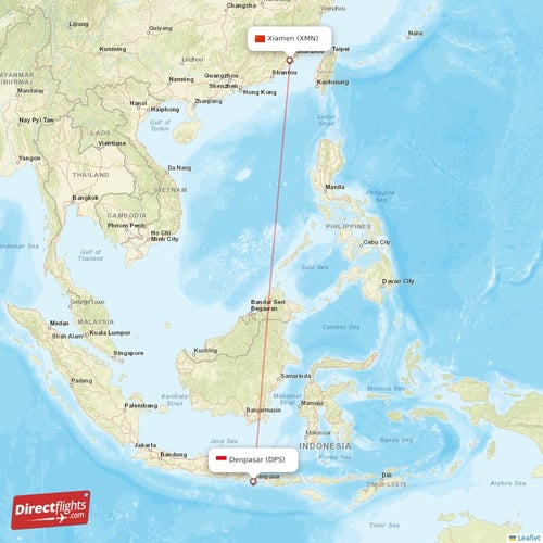Denpasar - Xiamen direct flight map