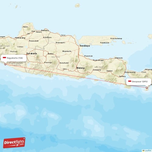 Denpasar - Yogyakarta direct flight map