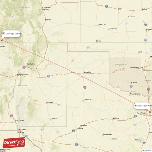 Durango - Dallas direct flight map