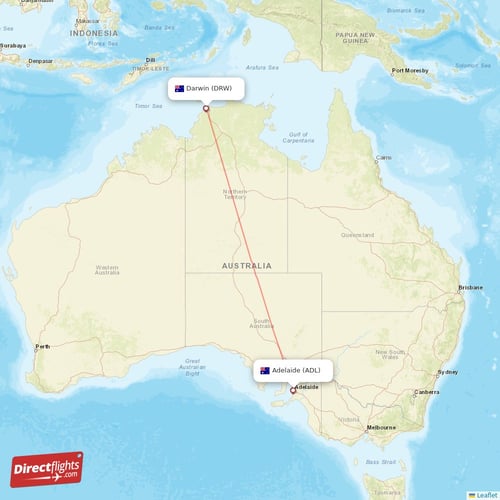 Darwin - Adelaide direct flight map