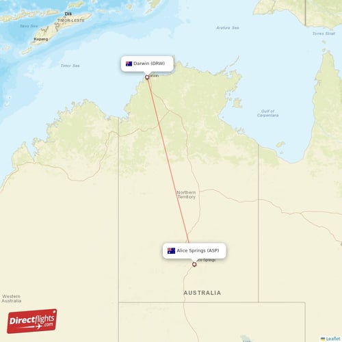 Darwin - Alice Springs direct flight map