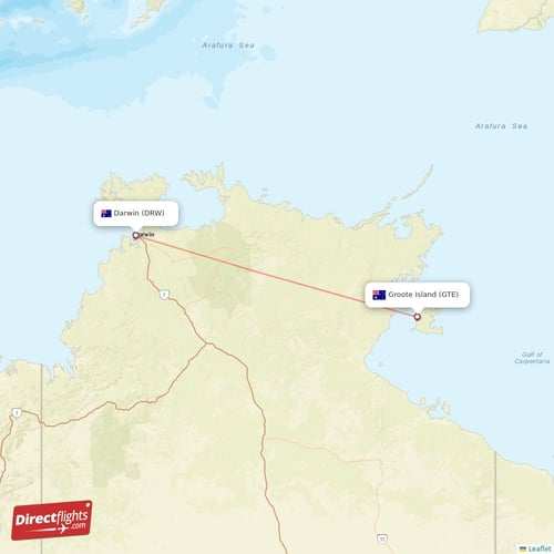 Darwin - Groote Island direct flight map