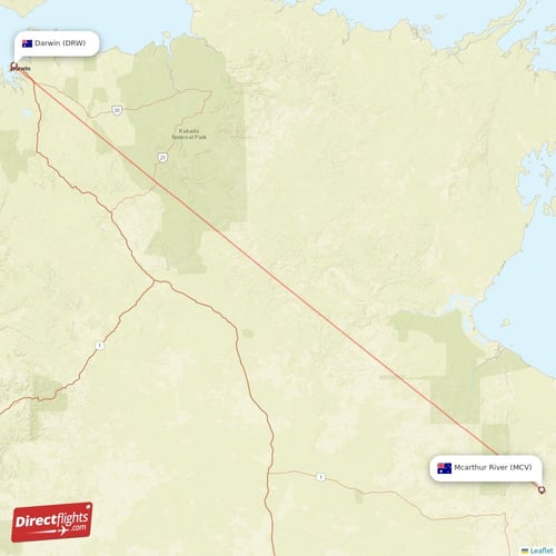 Darwin - Mcarthur River direct flight map