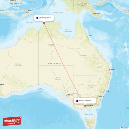 Darwin - Melbourne direct flight map