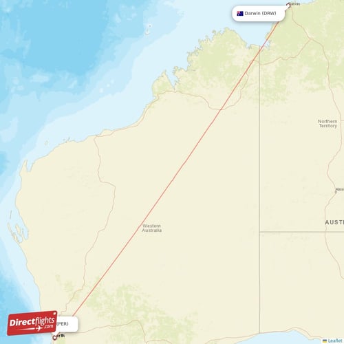 Darwin - Perth direct flight map