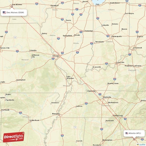Des Moines - Atlanta direct flight map