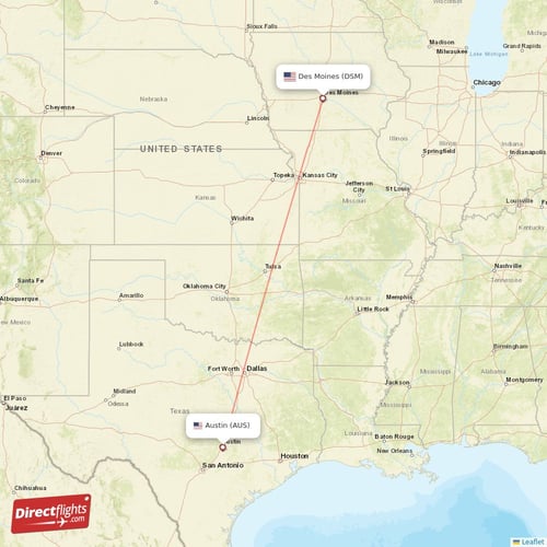 Des Moines - Austin direct flight map