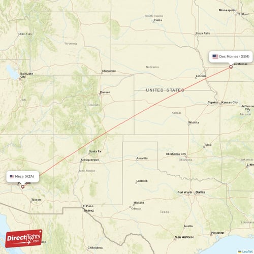 Des Moines - Mesa direct flight map