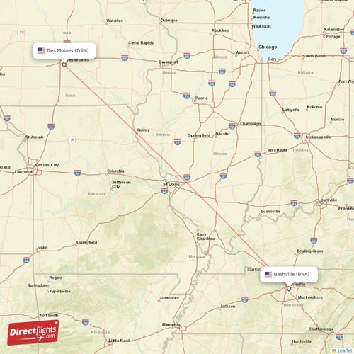 Des Moines - Nashville direct flight map