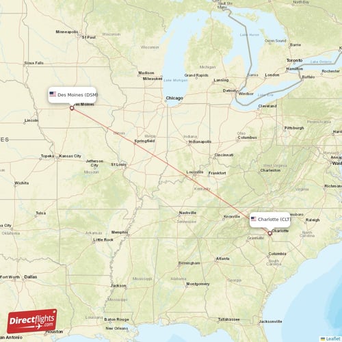 Des Moines - Charlotte direct flight map