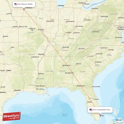 Des Moines - Fort Lauderdale direct flight map