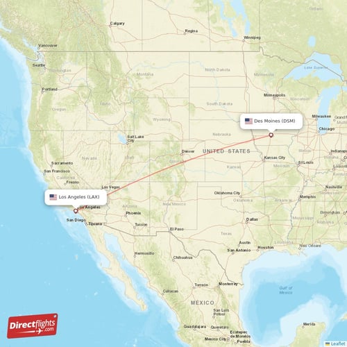 Des Moines - Los Angeles direct flight map