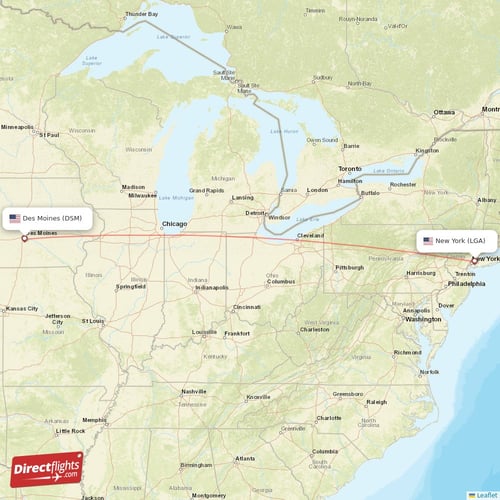 Des Moines - New York direct flight map