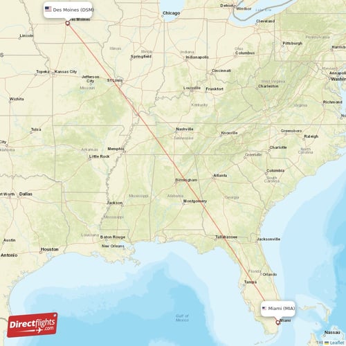 Des Moines - Miami direct flight map